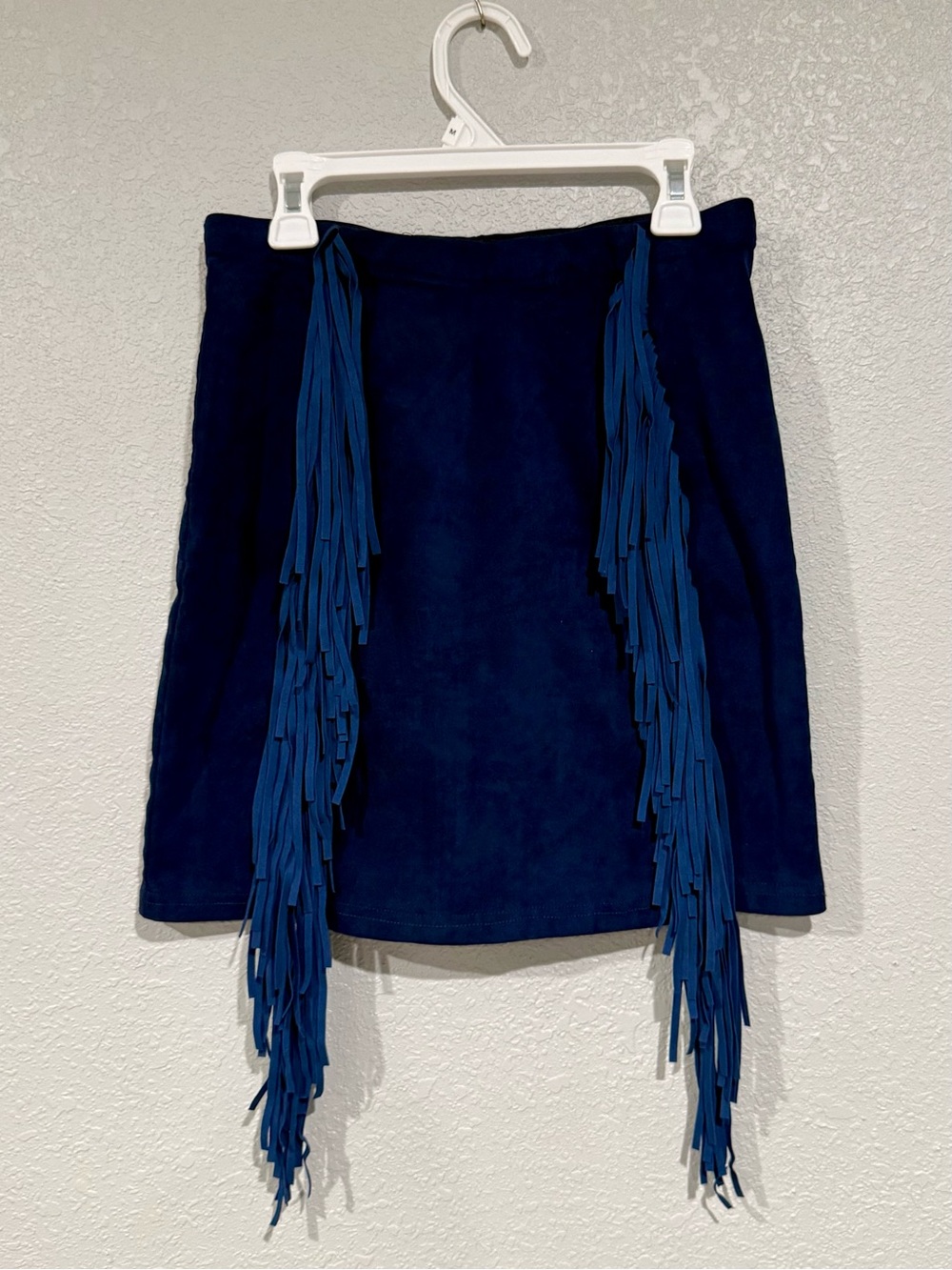 Rockin’ C Blue Suede Fringe-Trim Western Mini Skirt in Deep Navy